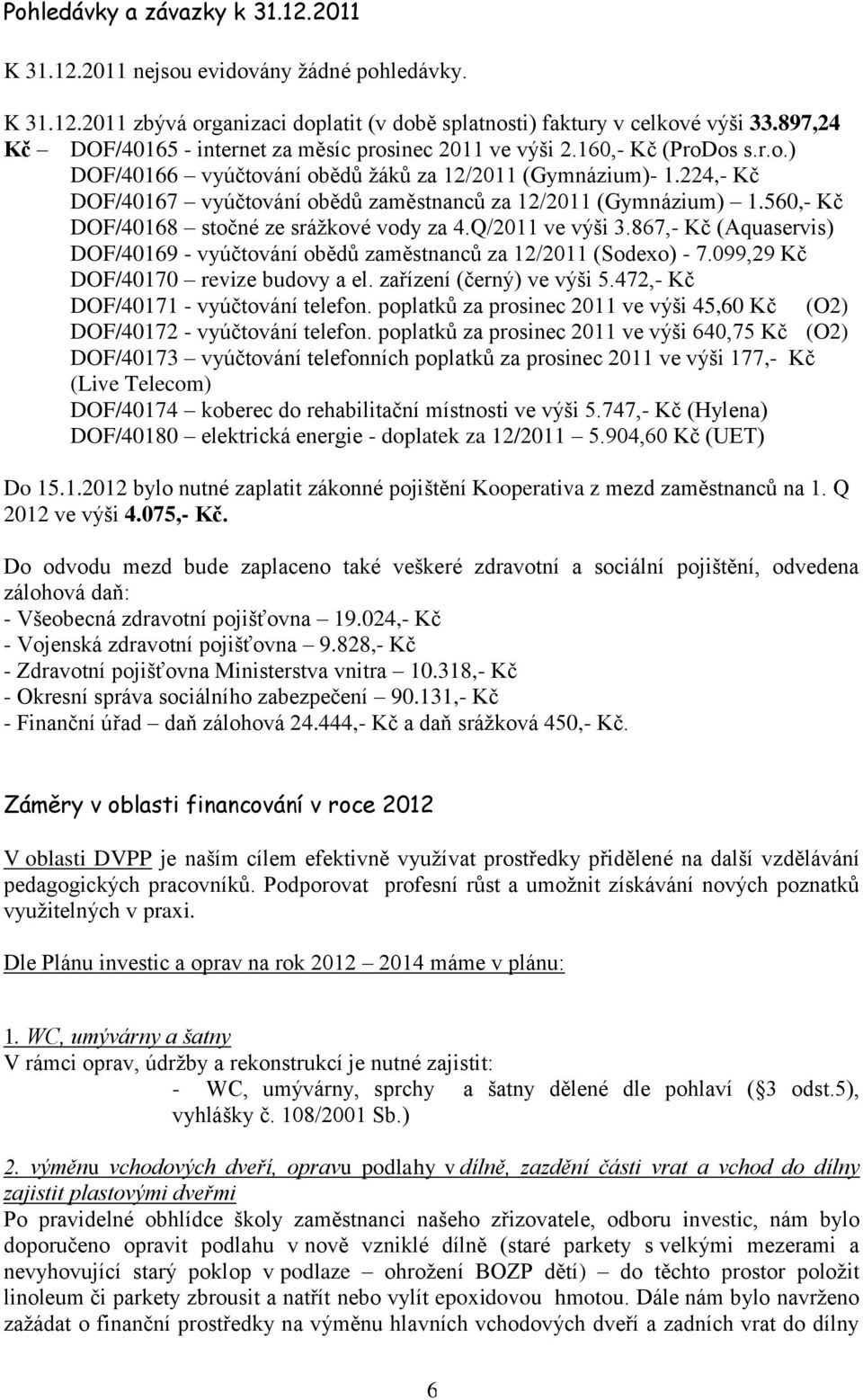 224,- Kč DOF/40167 vyúčtování obědů zaměstnanců za 12/2011 (Gymnázium) 1.560,- Kč DOF/40168 stočné ze srážkové vody za 4.Q/2011 ve výši 3.