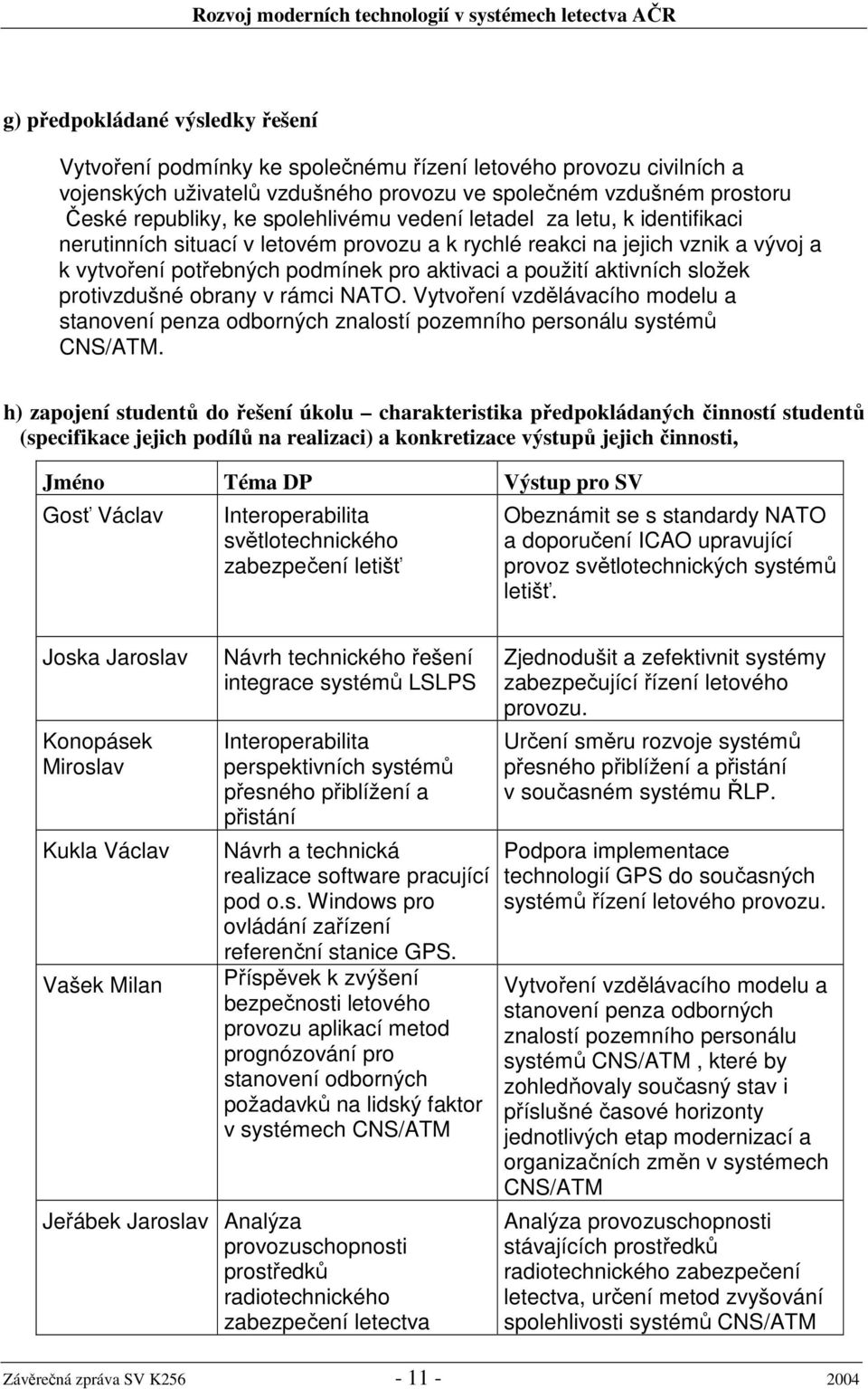 složek protivzdušné obrany v rámci NATO. Vytvoření vzdělávacího modelu a stanovení penza odborných znalostí pozemního personálu systémů CNS/ATM.