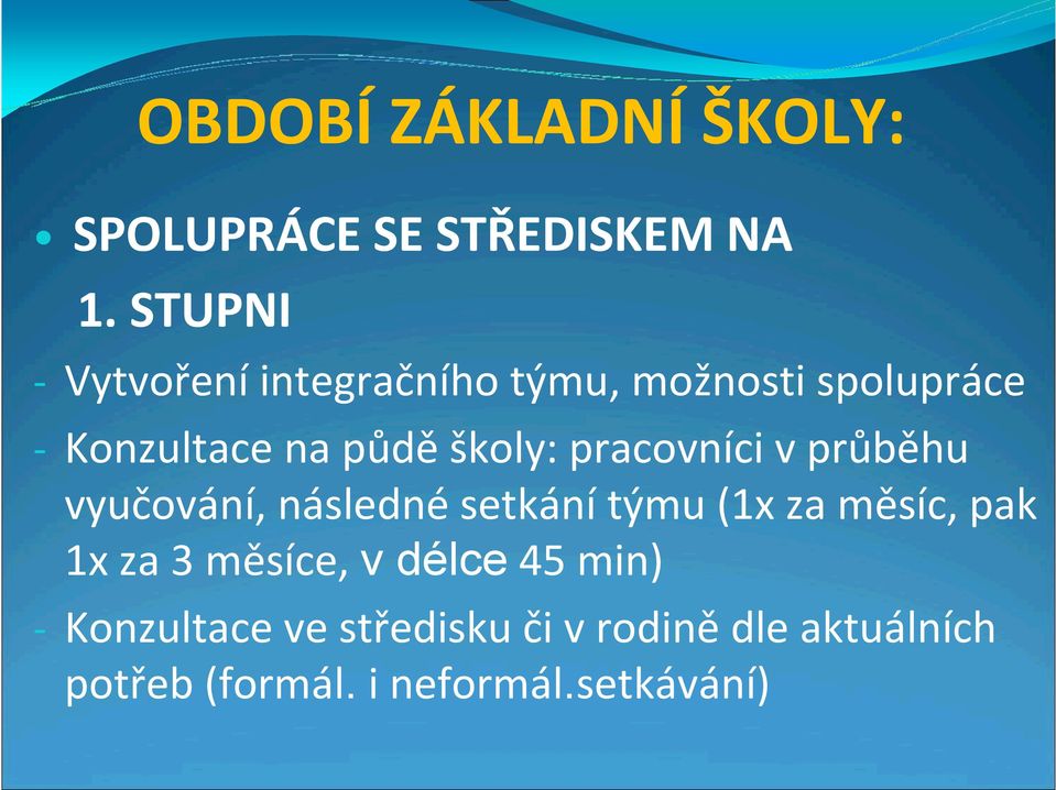 školy: pracovníci v průběhu vyučování, následné setkání týmu (1x za měsíc, pak 1x