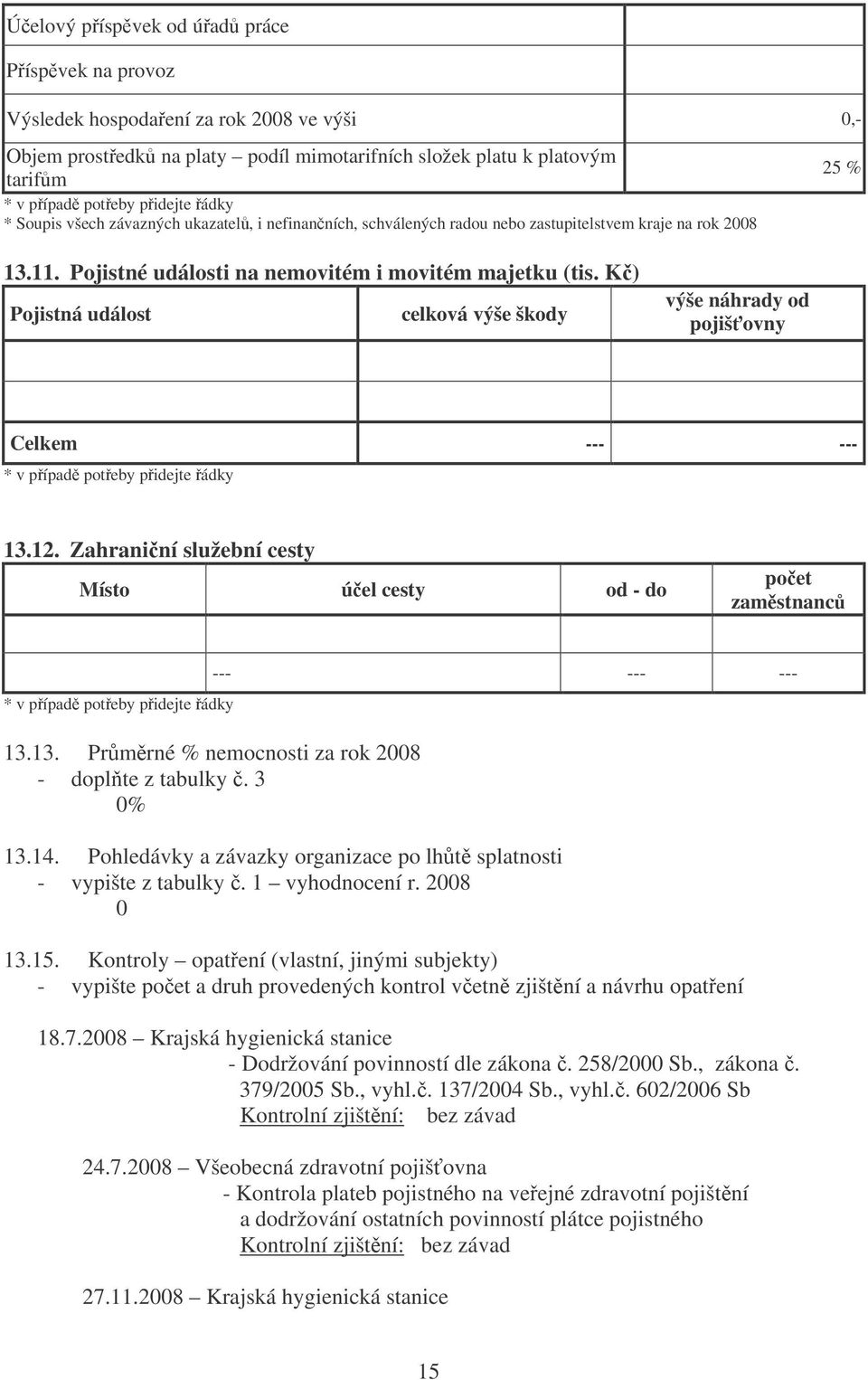 K) Pojistná událost celková výše škody výše náhrady od pojišovny Celkem --- --- 13.12. Zahraniní služební cesty Místo úel cesty od - do poet zamstnanc 13.13. Prmrné % nemocnosti za rok 2008 - doplte z tabulky.