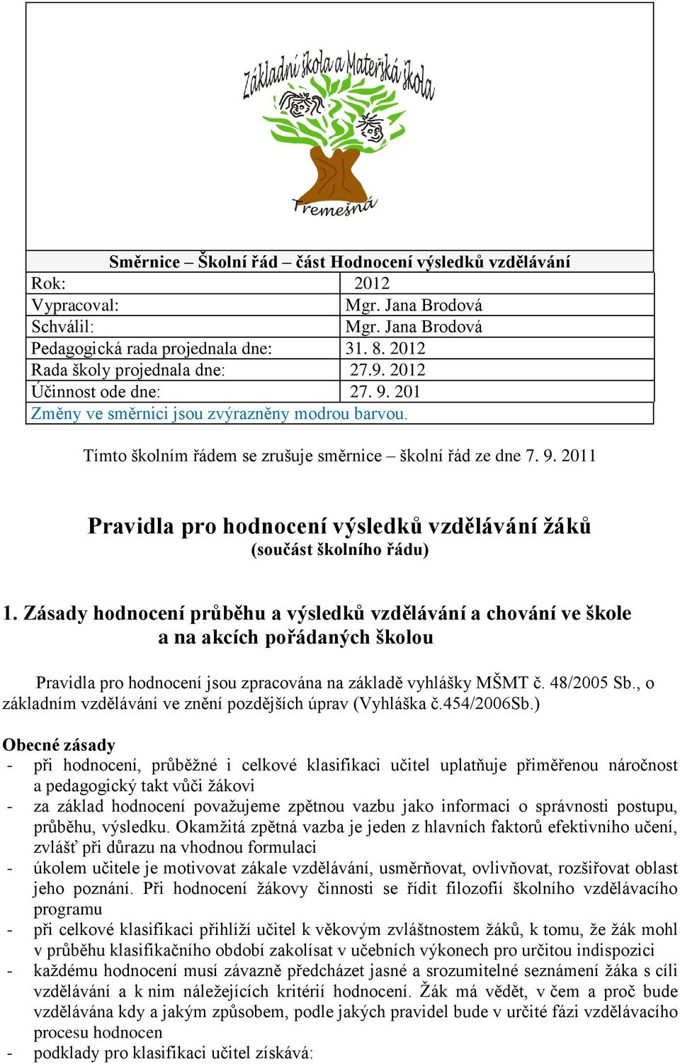 Zásady hodnocení průběhu a výsledků vzdělávání a chování ve škole a na akcích pořádaných školou Pravidla pro hodnocení jsou zpracována na základě vyhlášky MŠMT č. 48/2005 Sb.