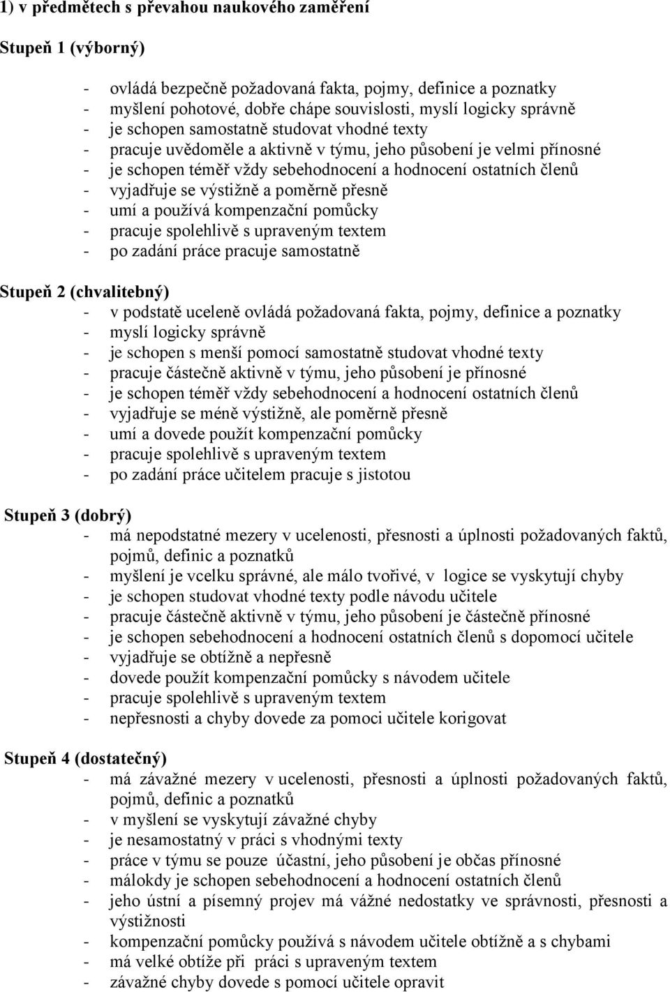 výstižně a poměrně přesně - umí a používá kompenzační pomůcky - pracuje spolehlivě s upraveným textem - po zadání práce pracuje samostatně Stupeň 2 (chvalitebný) - v podstatě uceleně ovládá