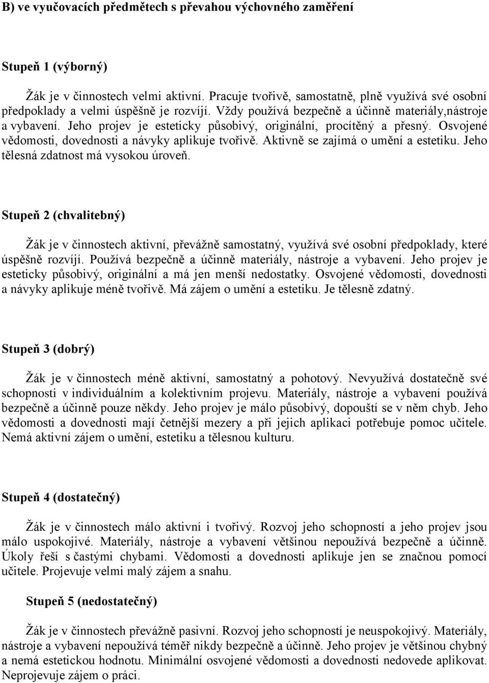 Jeho projev je esteticky působivý, originální, procítěný a přesný. Osvojené vědomosti, dovednosti a návyky aplikuje tvořivě. Aktivně se zajímá o umění a estetiku.