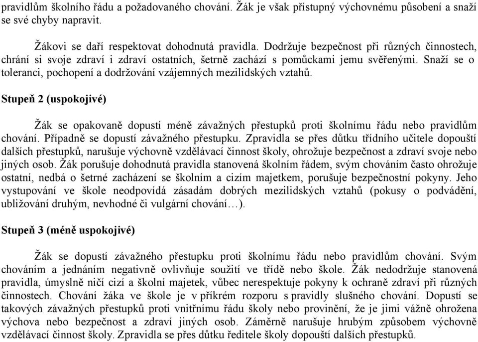 Snaží se o toleranci, pochopení a dodržování vzájemných mezilidských vztahů. Stupeň 2 (uspokojivé) Žák se opakovaně dopustí méně závažných přestupků proti školnímu řádu nebo pravidlům chování.