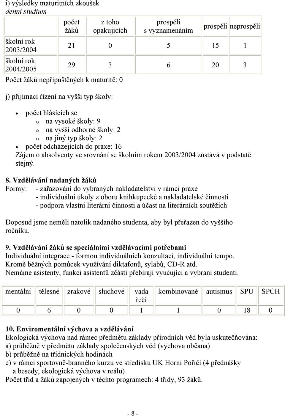 o absolventy ve srovnání se školním rokem 2003/2004 zůstává v podstatě stejný. 8.