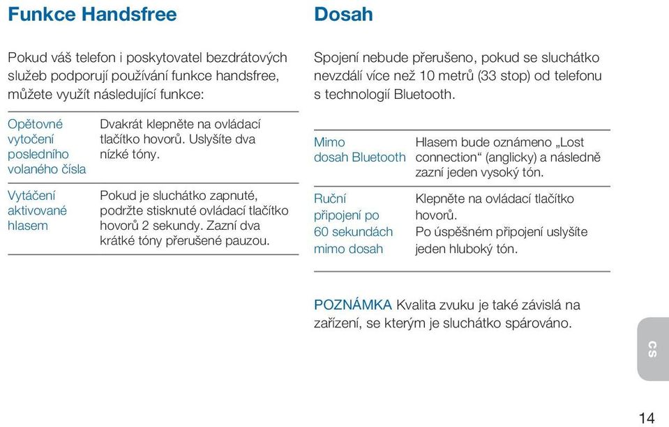 Zazní dva krátké tóny přerušené pauzou. Dosah Spojení nebude přerušeno, pokud se sluchátko nevzdálí více než 10 metrů (33 stop) od telefonu s technologií Bluetooth.