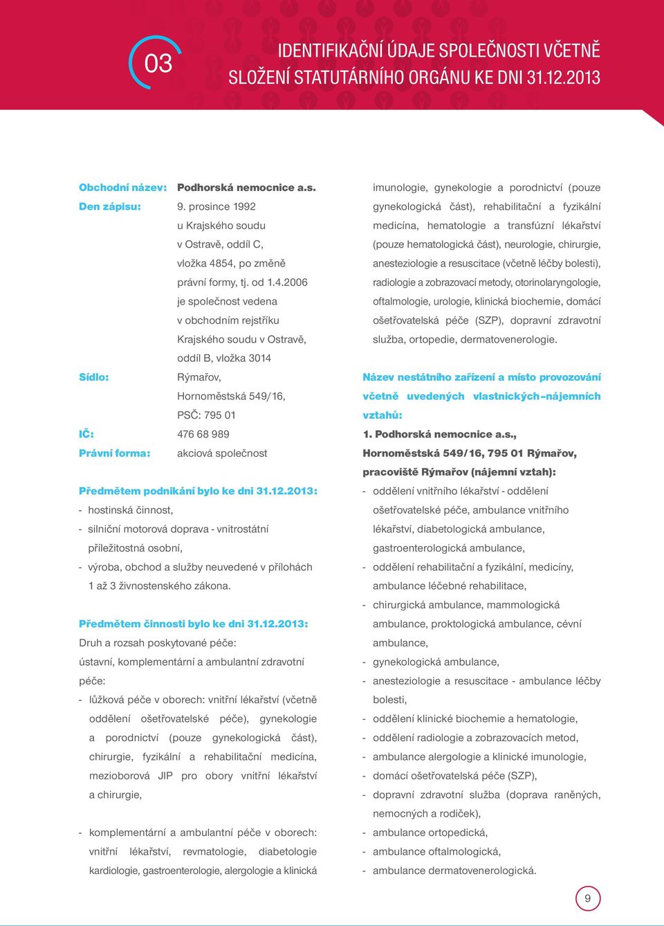 54, po změně právní formy, tj. od 1.4.2006 je společnost vedena v obchodním rejstříku Krajského soudu v Ostravě, oddíl B, vložka 3014 Sídlo: Rýmařov, Hornoměstská 549/16, PSČ: 795 01 IČ: 476 68 989