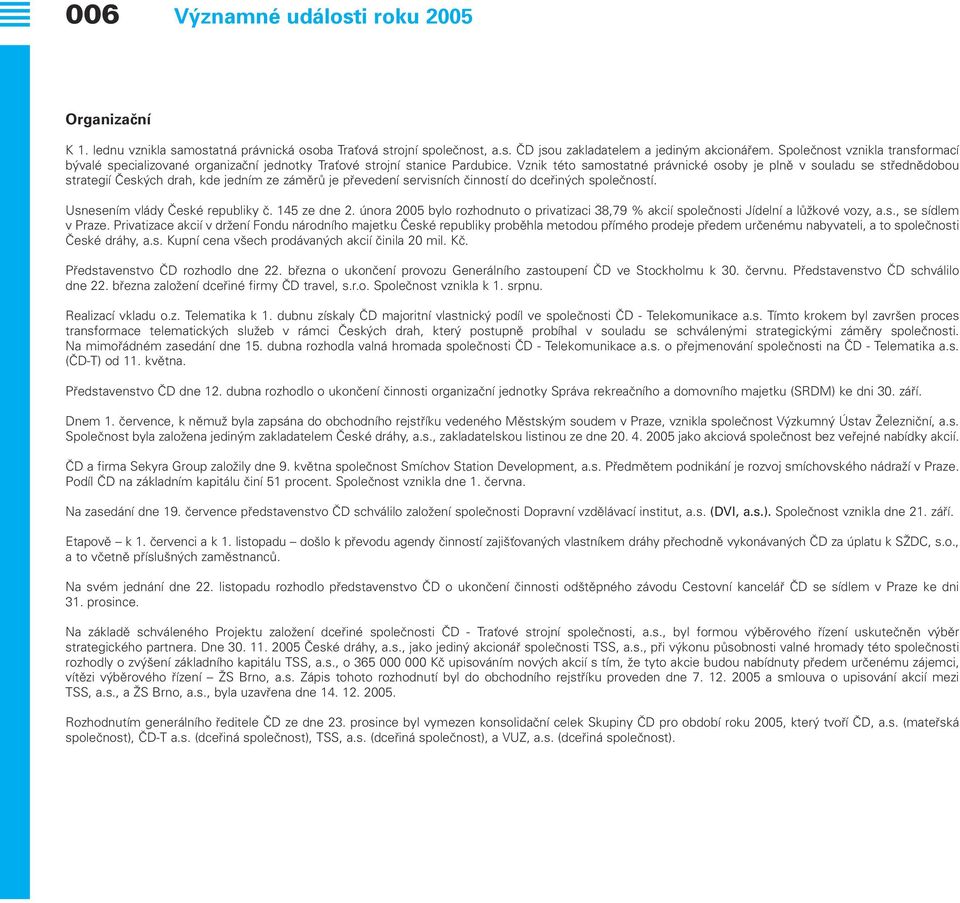 Vznik této samostatné právnické osoby je plnû v souladu se stfiednûdobou strategií âesk ch drah, kde jedním ze zámûrû je pfievedení servisních ãinností do dcefiin ch spoleãností.