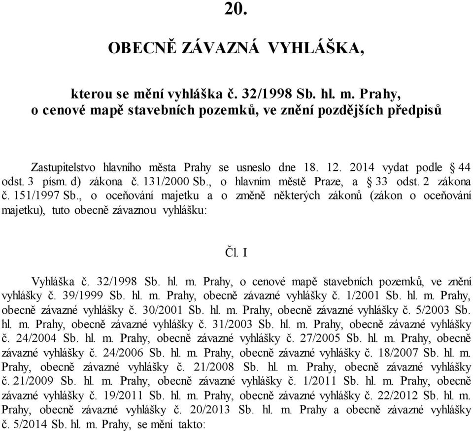 , o oceňování majetku a o změně některých zákonů (zákon o oceňování majetku), tuto obecně závaznou vyhlášku: Čl. I Vyhláška č. 32/1998 Sb. hl. m. Prahy, o cenové mapě stavebních pozemků, ve znění vyhlášky č.