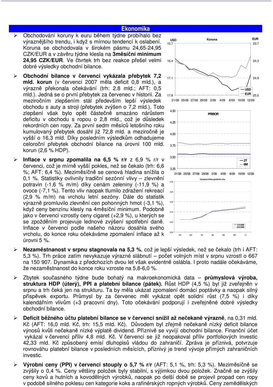 Obchodní bilance v ervenci vykázala pebytek 7,2 mld. korun (v ervenci 2007 mla deficit 0,8 mld.), a výrazn pekonala oekávání (trh: 2.8 mld.; AFT: 0,5 mld.). Jedná se o první pebytek za ervenec v historii.