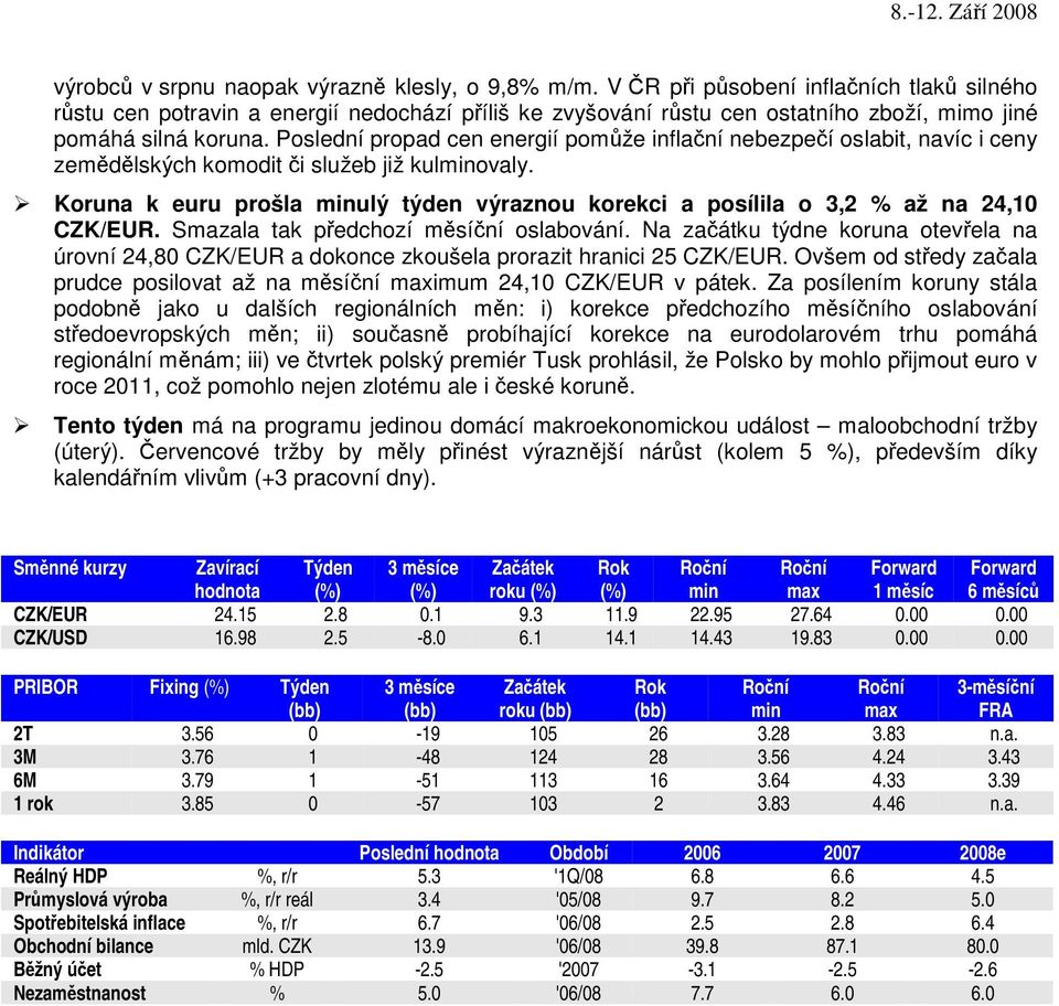 Poslední propad cen energií pomže inflaní nebezpeí oslabit, navíc i ceny zemdlských komodit i služeb již kulminovaly.