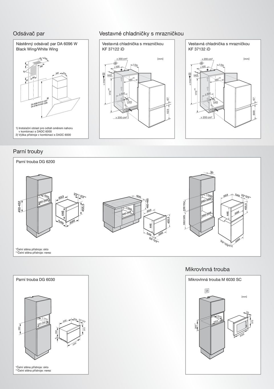 DADC 6000 2) Výška přístroje v kombinaci s DADC 6000 Parní trouby Parní trouba DG 6200 *Čelní stěna přístroje: sklo **Čelní stěna