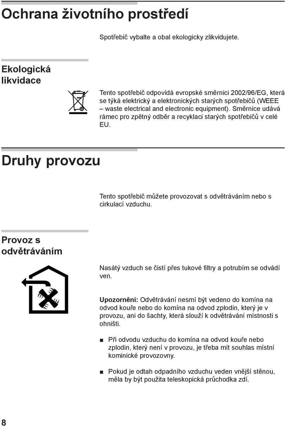 Směrnice udává rámec pro zpětný odběr a recyklaci starých spotřebičů v celé EU. Druhy provozu Tento spotřebič můžete provozovat s odvětráváním nebo s cirkulací vzduchu.