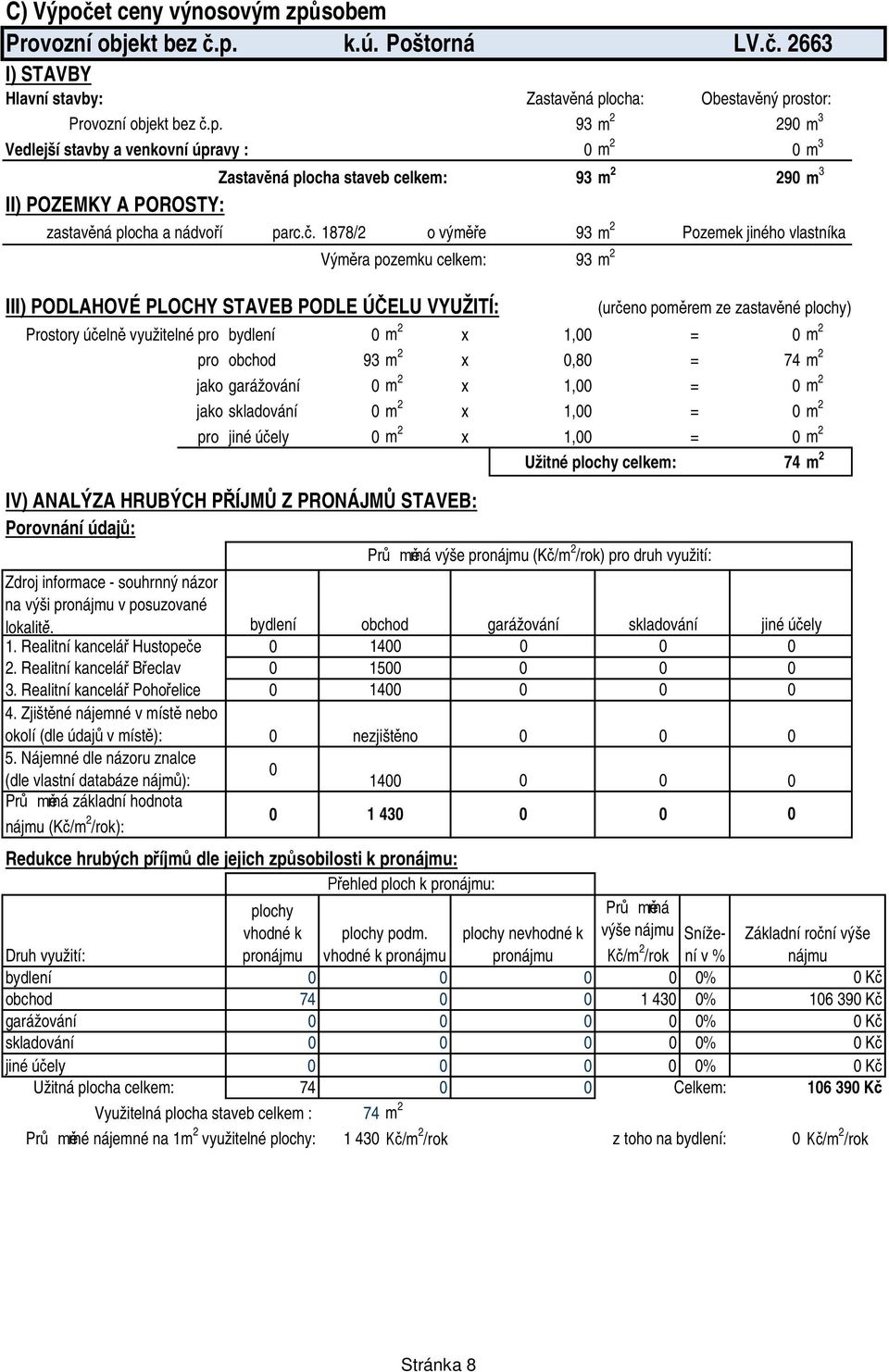 bydlení m 2 x 1, = m 2 pro obchod 93 m 2 x,8 = 74 m 2 jako garážování m 2 x 1, = m 2 jako skladování m 2 x 1, = m 2 pro jiné ú ely m 2 x 1, = m 2 IV) ANALÝZA HRUBÝCH P ÍJM Z PRONÁJM STAVEB: Porovnání