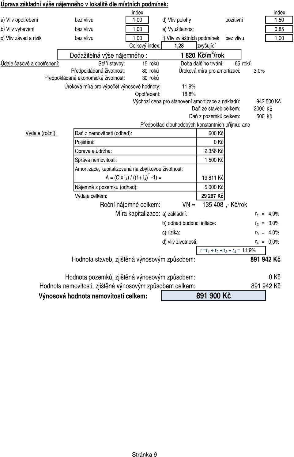 edpokládaná životnost: 8 rok Úroková míra pro amortizaci: 3,% edpokládaná ekonomická životnost: 3 rok Úroková míra pro výpo et výnosové hodnoty: 11,9% Opot ebení: 18,8% Výchozí cena pro stanovení