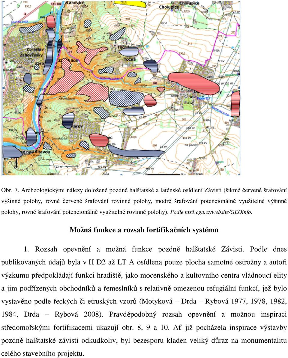 výšinné polohy, rovné šrafování potencionálně využitelné rovinné polohy). Podle nts5.cgu.cz/website/geoinfo. Možná funkce a rozsah fortifikačních systémů 1.