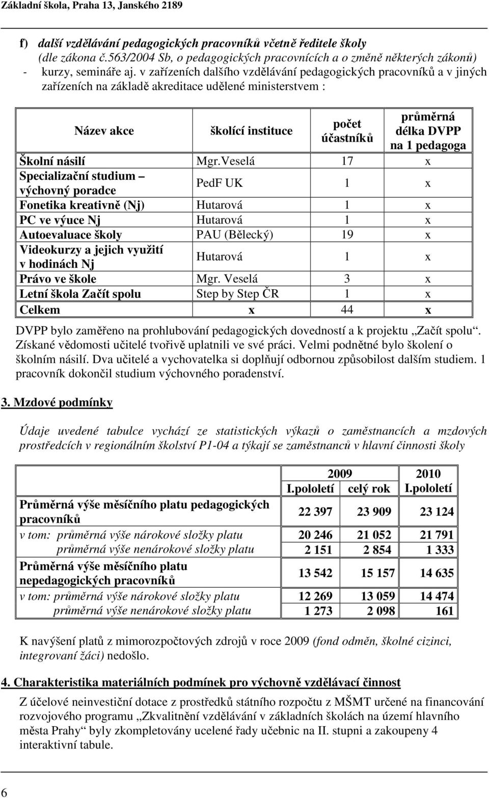 v zařízeních dalšího vzdělávání pedagogických pracovníků a v jiných zařízeních na základě akreditace udělené ministerstvem : Název akce školící instituce počet účastníků průměrná délka DVPP na 1