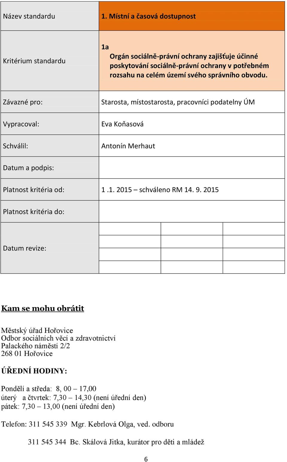 2015 Kam se mohu obrátit Městský úřad Hořovice Odbor sociálních věcí a zdravotnictví Palackého náměstí 2/2 268 01 Hořovice ÚŘEDNÍ HODINY: Pondělí