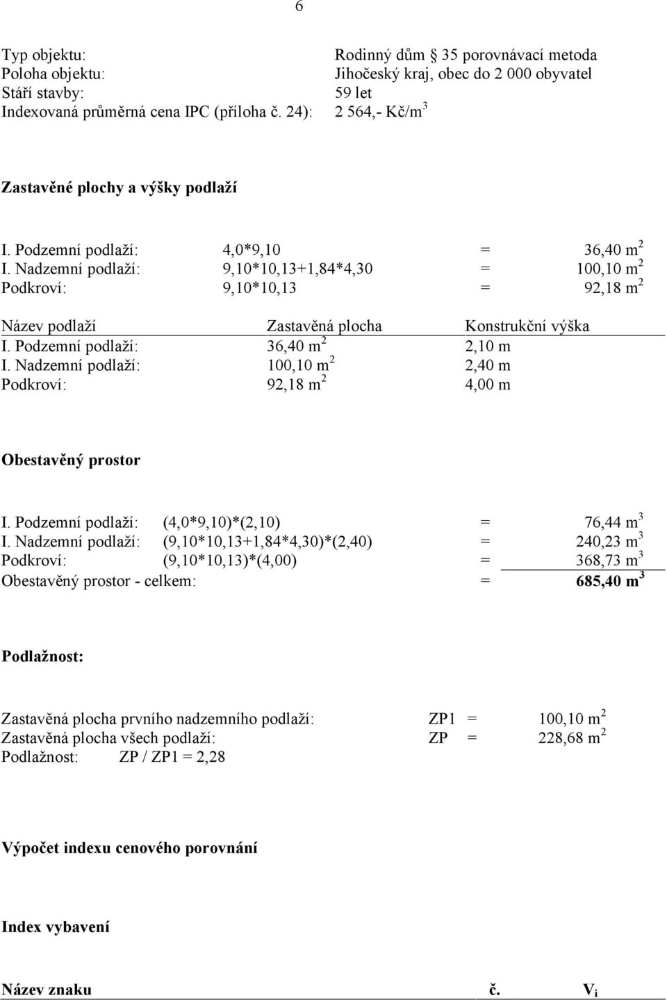 Nadzemní podlaží: 9,10*10,13+1,84*4,30 = 100,10 m 2 Podkroví: 9,10*10,13 = 92,18 m 2 Název podlaží Zastavěná plocha Konstrukční výška I. Podzemní podlaží: 36,40 m 2 2,10 m I.