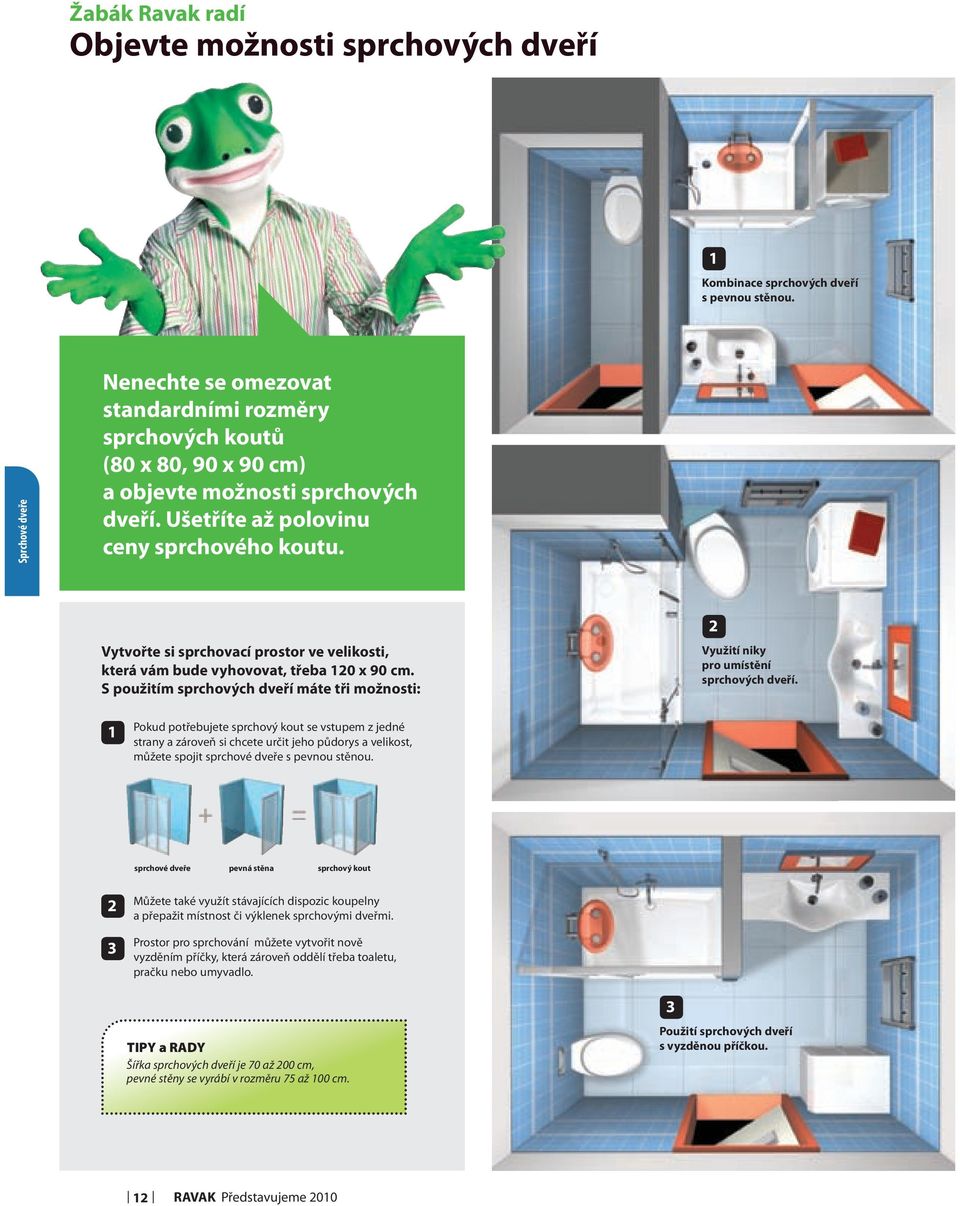 Vytvořte si sprchovací prostor ve velikosti, která vám bude vyhovovat, třeba 120 x 90 cm. S použitím sprchových dveří máte tři možnosti: 2 Využití niky pro umístění sprchových dveří.