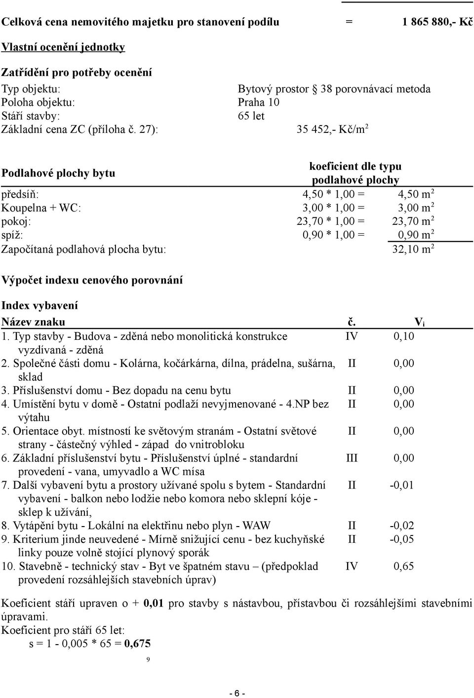 27): 35 452,- Kč/m 2 Podlahové plochy bytu koeficient dle typu podlahové plochy předsíň: 4,50 * 1,00 = 4,50 m 2 Koupelna + WC: 3,00 * 1,00 = 3,00 m 2 pokoj: 23,70 * 1,00 = 23,70 m 2 spíž: 0,90 * 1,00