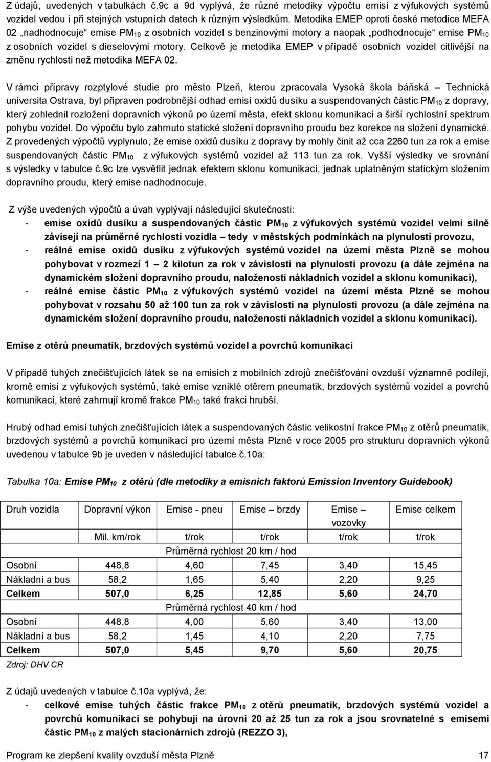 Celkově je metodika EMEP v případě osobních vozidel citlivější na změnu rychlosti než metodika MEFA 02.