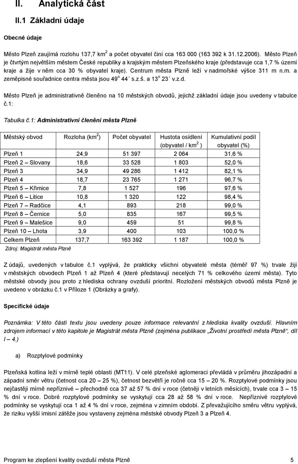 Centrum města Plzně leží v nadmořské výšce 311 m n.m. a zeměpisné souřadnice centra města jsou 49 o 44 s.z.š. a 13 o 23 v.z.d. Město Plzeň je administrativně členěno na 10 městských obvodů, jejichž základní údaje jsou uvedeny v tabulce č.