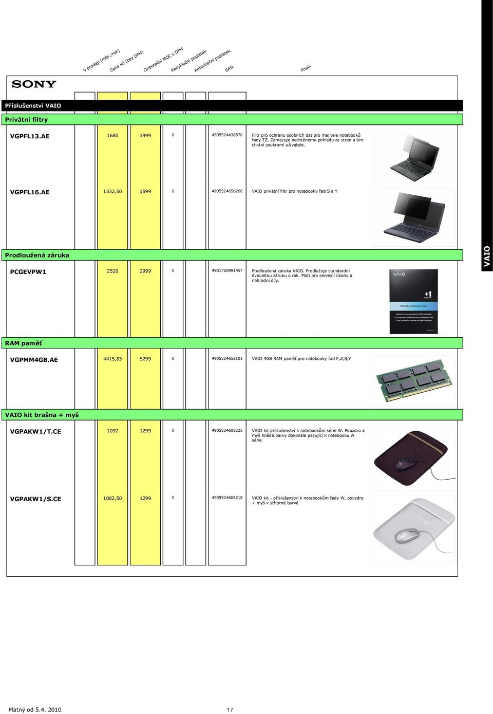 Platí pro servisní úkony a náhradní díly. RAM paměť VGPMM4GB.AE 4415,83 5299 0 4905524658101 4GB RAM paměť pro notebooky řad F,Z,S,Y kit brašna + myš VGPAKW1/T.