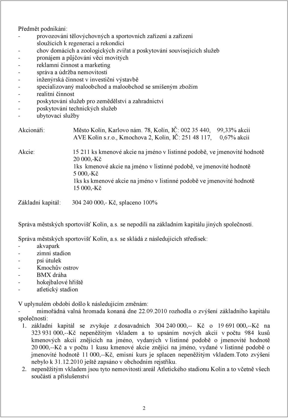 - realitní činnost - poskytování služeb pro zemědělství a zahradnictví - poskytování technických služeb - ubytovací služby Akcionáři: Akcie: Město Kolín, Karlovo nám.