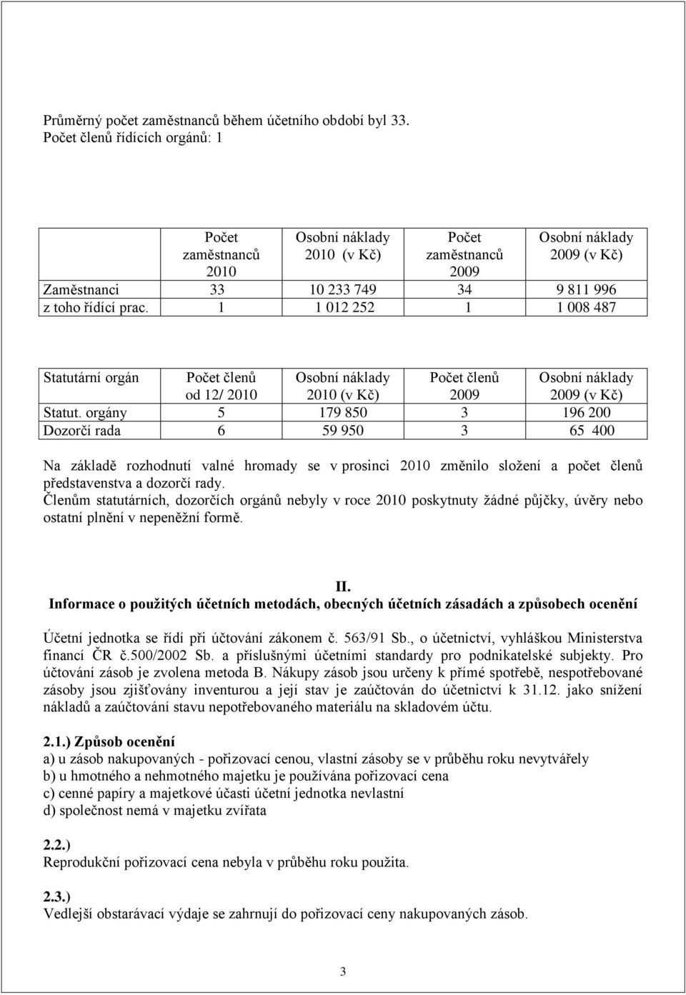 1 1 012 252 1 1 008 487 Statutární orgán Počet členů od 12/ 2010 Osobní náklady 2010 (v Kč) Počet členů 2009 Osobní náklady 2009 (v Kč) Statut.