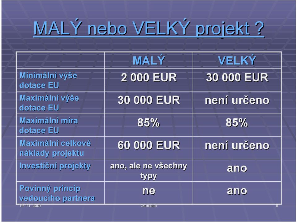 Maximáln lní celkové náklady projektu Investiční projekty Povinný princip vedoucího