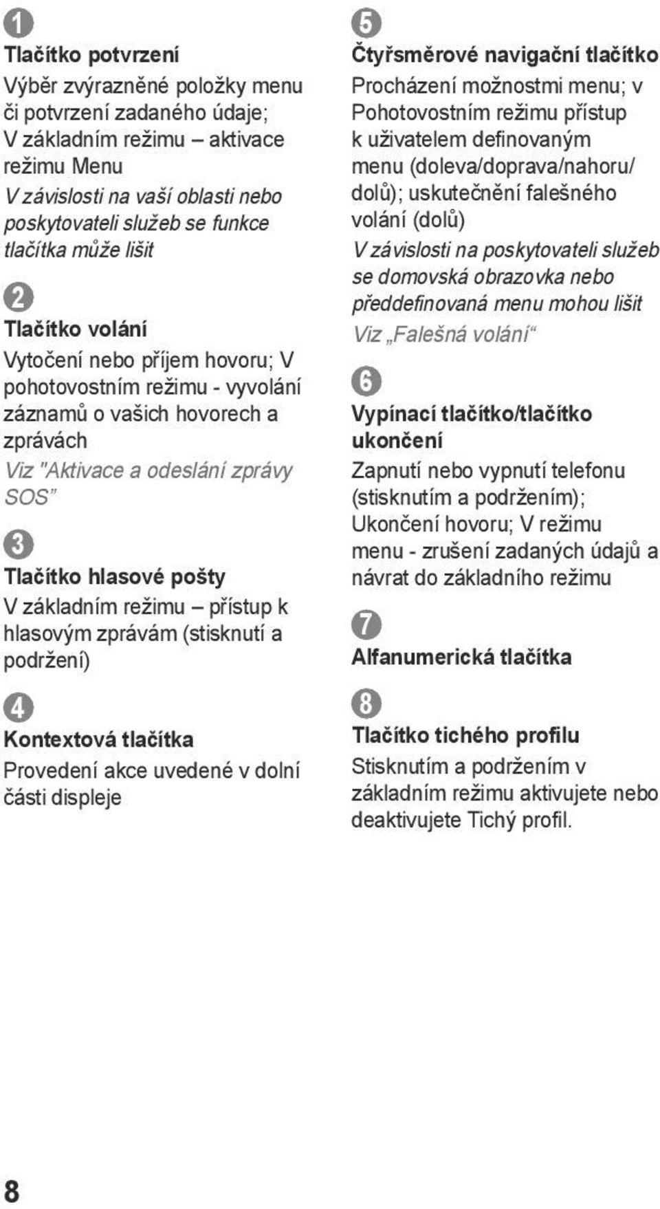 režimu přístup k hlasovým zprávám (stisknutí a podržení) 4 Kontextová tlačítka Provedení akce uvedené v dolní části displeje 5 Čtyřsměrové navigační tlačítko Procházení možnostmi menu; v