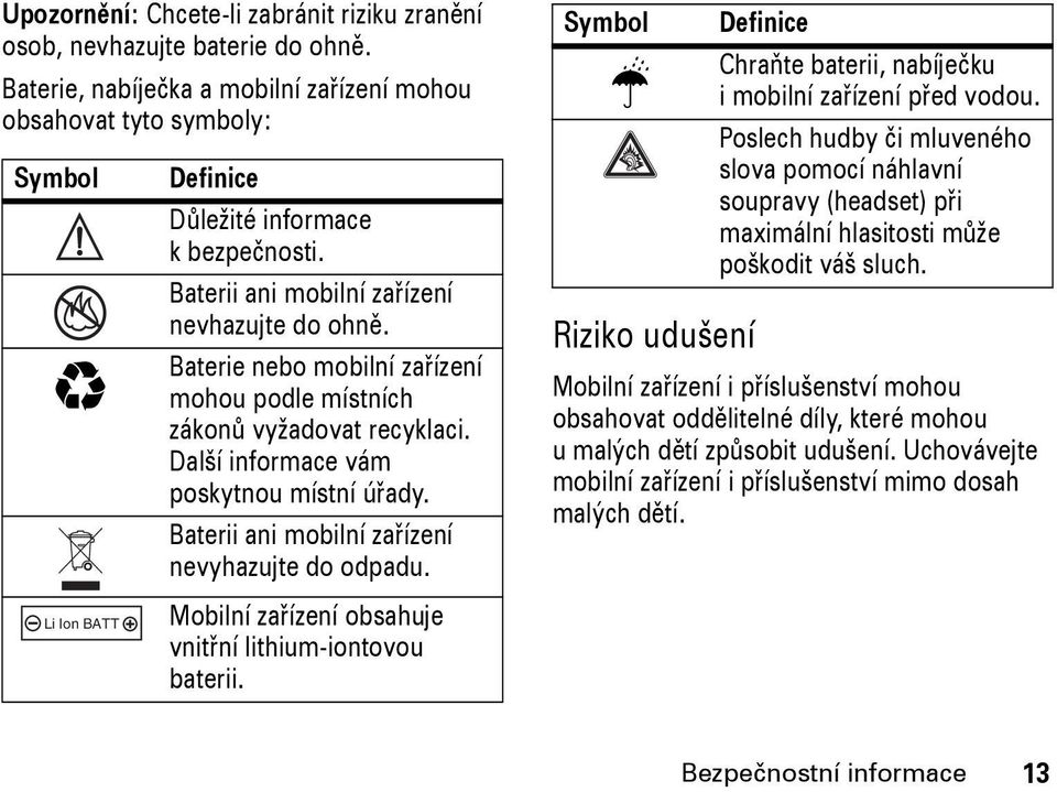 Baterie nebo mobilní zařízení mohou podle místních zákonů vyžadovat recyklaci. Další informace vám poskytnou místní úřady. Baterii ani mobilní zařízení nevyhazujte do odpadu.