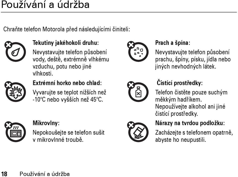 Mikrovlny: Nepokoušejte se telefon sušit v mikrovlnné troubě. Prach a špína: Nevystavujte telefon působení prachu, špíny, písku, jídla nebo jiných nevhodných látek.