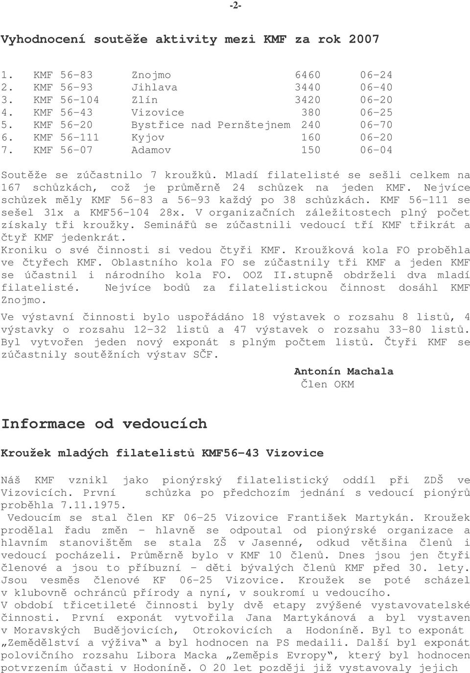 Mladí filatelisté se sešli celkem na 167 schzkách, což je prmrn 24 schzek na jeden KMF. Nejvíce schzek mly KMF 56-83 a 56-93 každý po 38 schzkách. KMF 56-111 se sešel 31x a KMF56-104 28x.