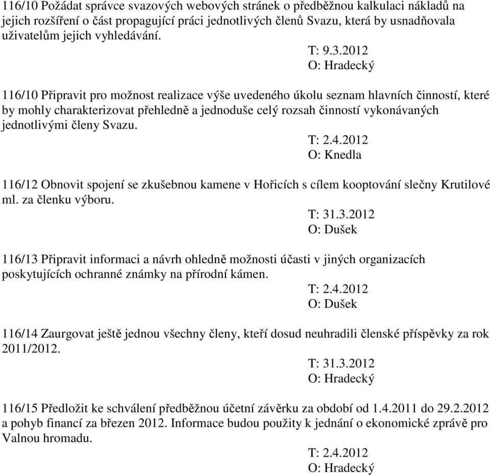 2012 116/10 Připravit pro možnost realizace výše uvedeného úkolu seznam hlavních činností, které by mohly charakterizovat přehledně a jednoduše celý rozsah činností vykonávaných jednotlivými členy