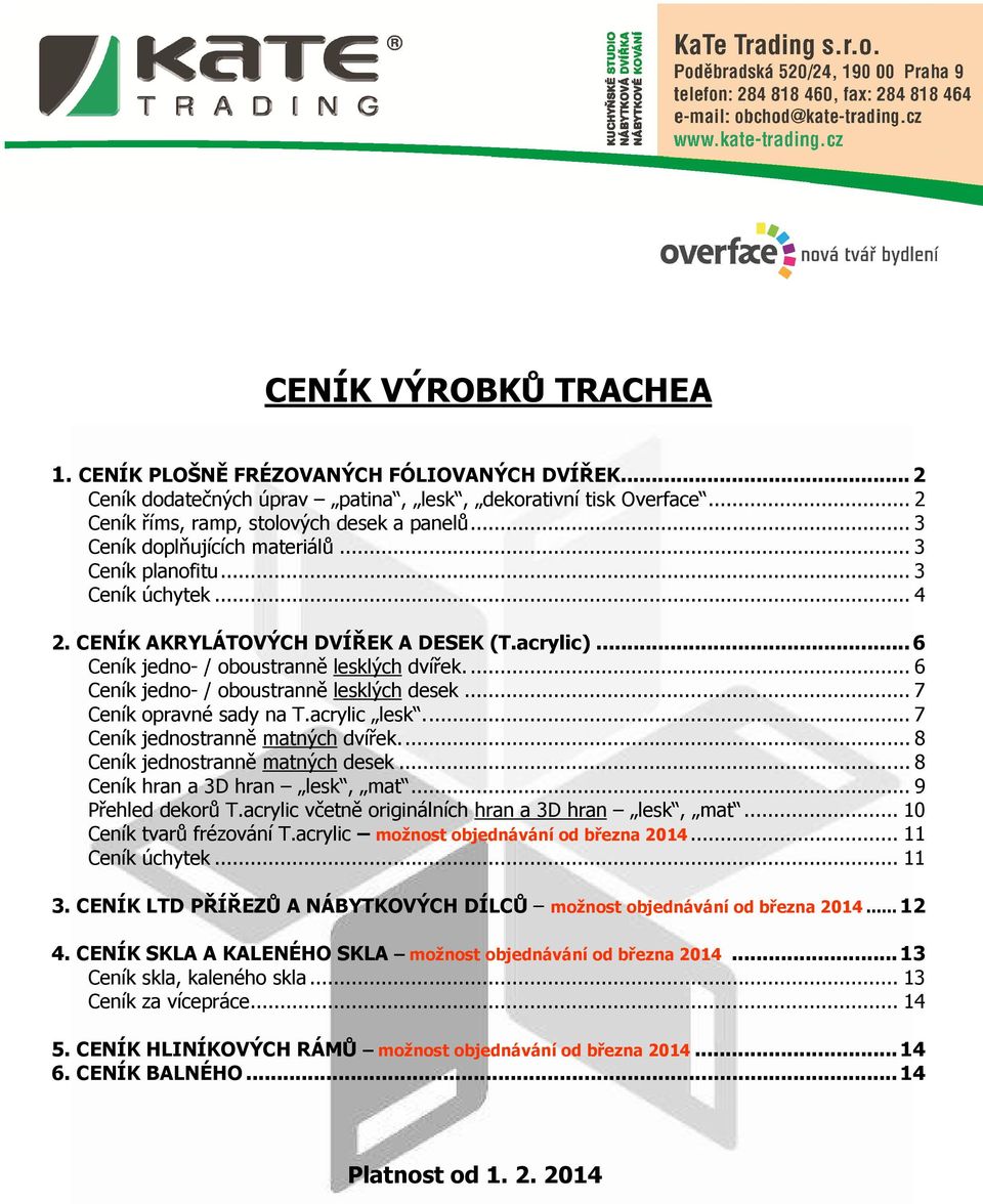 ... 6 Ceník jedno- / oboustranně lesklých desek... 7 Ceník opravné sady na T.acrylic lesk.... 7 Ceník jednostranně matných dvířek.... 8 Ceník jednostranně matných desek.