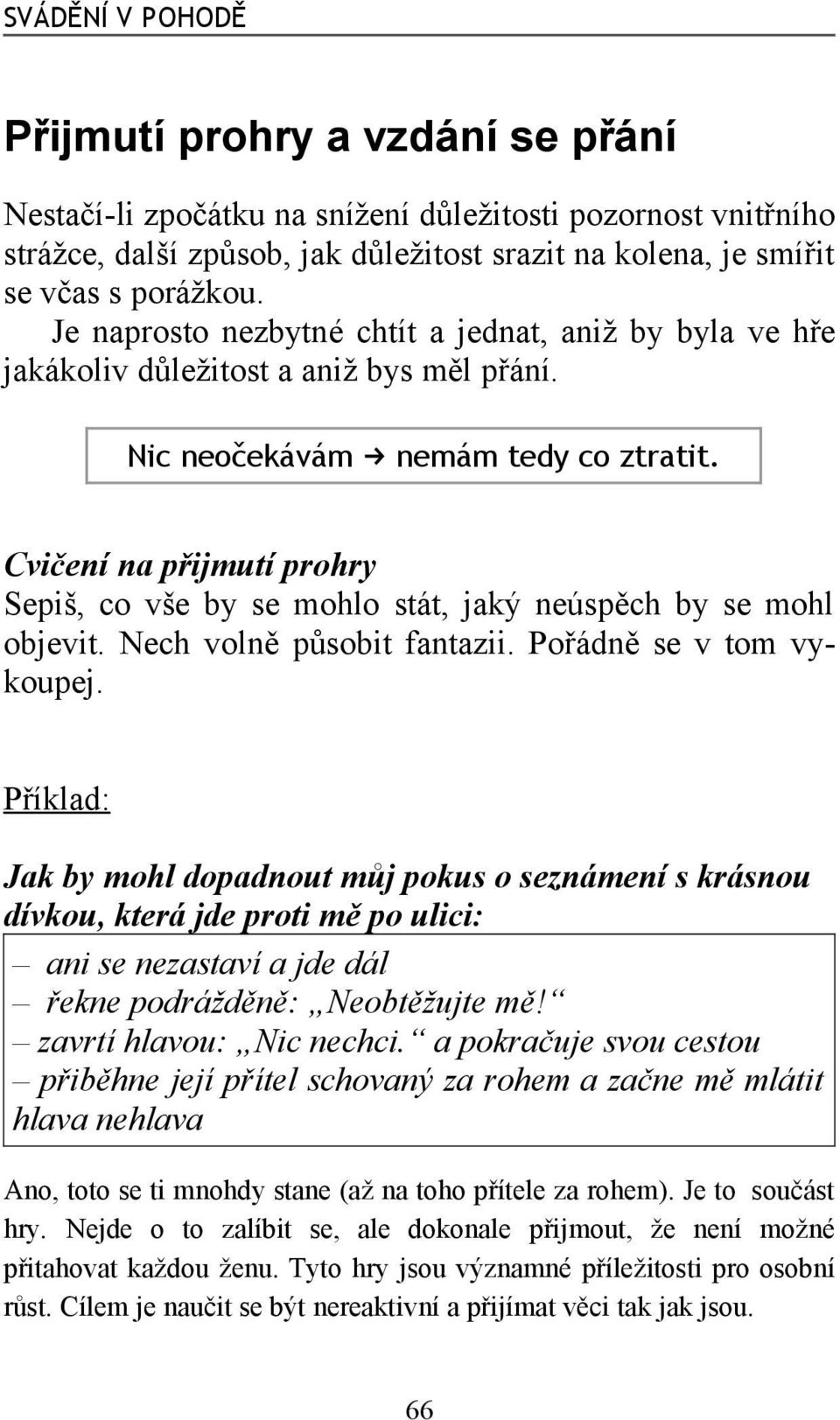 Cvičení na přijmutí prohry Sepiš, co vše by se mohlo stát, jaký neúspěch by se mohl objevit. Nech volně působit fantazii. Pořádně se v tom vykoupej.