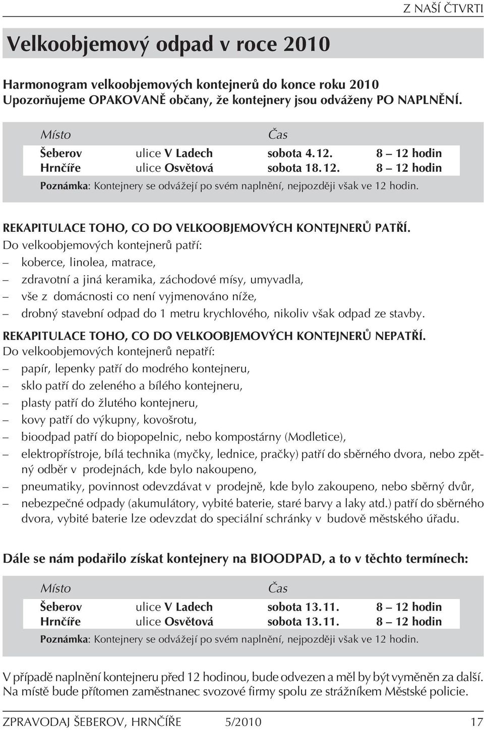 REKAPITULACE TOHO, CO DO VELKOOBJEMOV CH KONTEJNERŸ PATÿÕ.