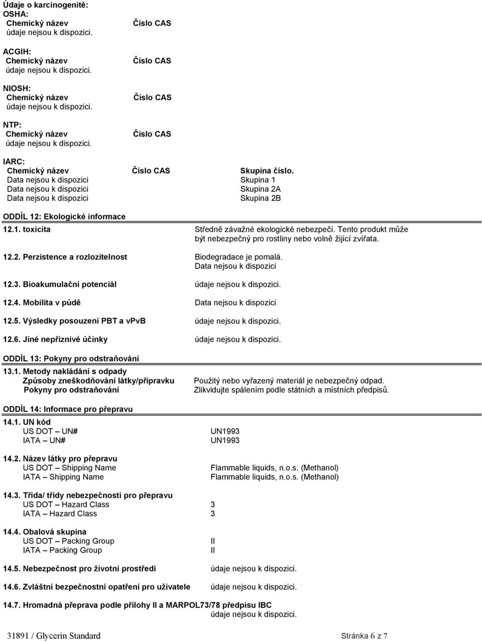 Výsledky posouzení PBT a vpvb 12.6. Jiné nepříznivé účinky ODDÍL 13: Pokyny pro odstraňování 13.1. Metody nakládání s odpady Způsoby zneškodňování látky/přípravku Pokyny pro odstraňování ODDÍL 14: Informace pro přepravu 14.