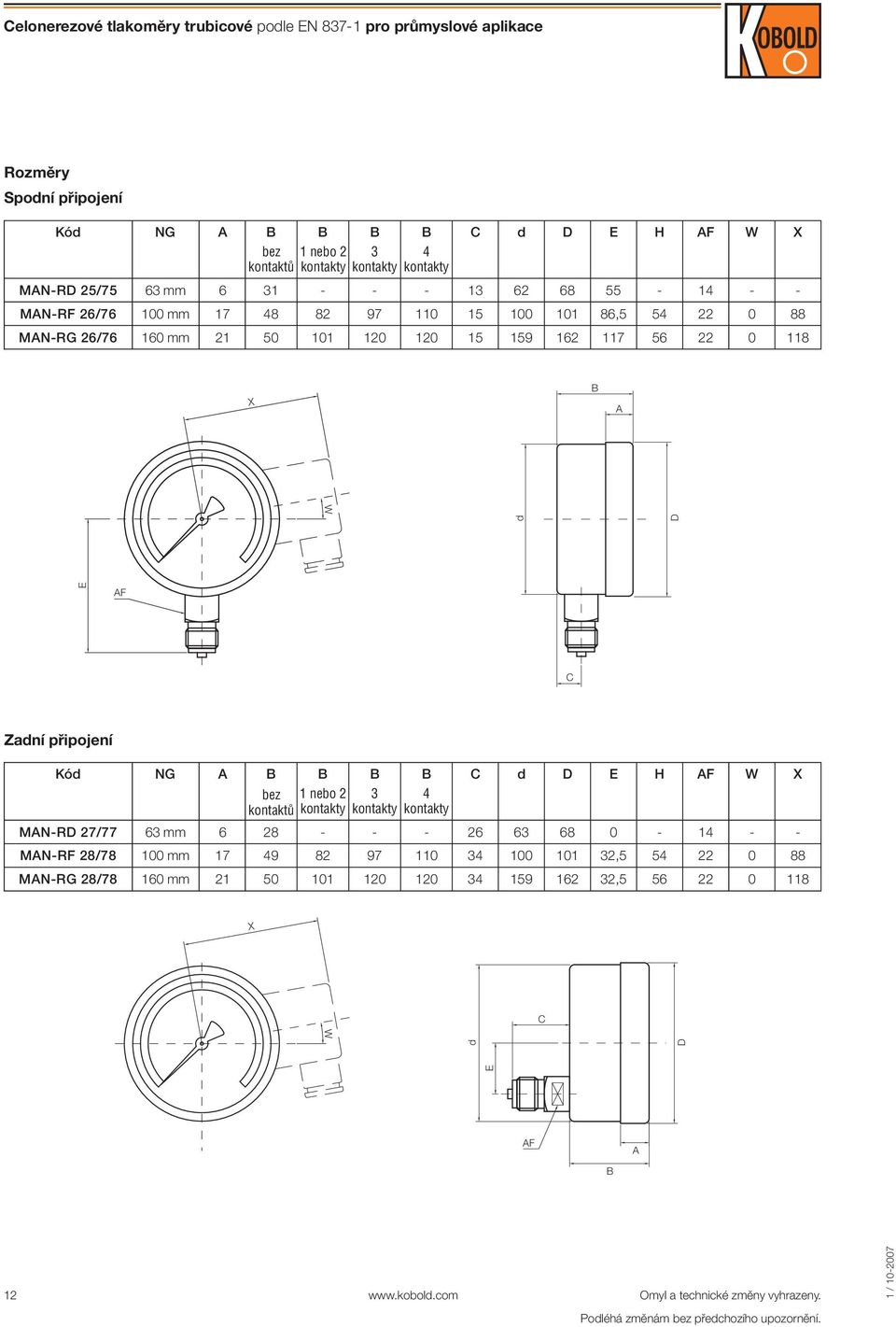 117 56 118 B A E d D AF C Zadní připojení Kód NG A B B B B C d D E H AF W MANRD 27/77 MANRF 28/78 1 nebo 2 3 63 mm 6 28 1 mm 17 9 82 97