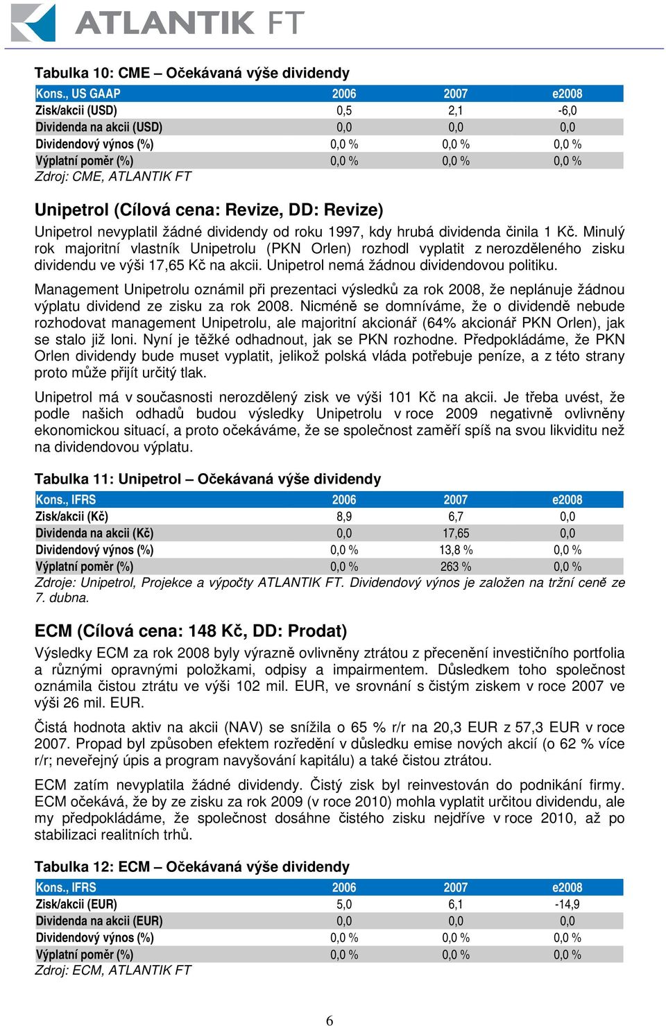 Unipetrol (Cílová cena: Revize, DD: Revize) Unipetrol nevyplatil žádné dividendy od roku 1997, kdy hrubá dividenda inila 1 K.