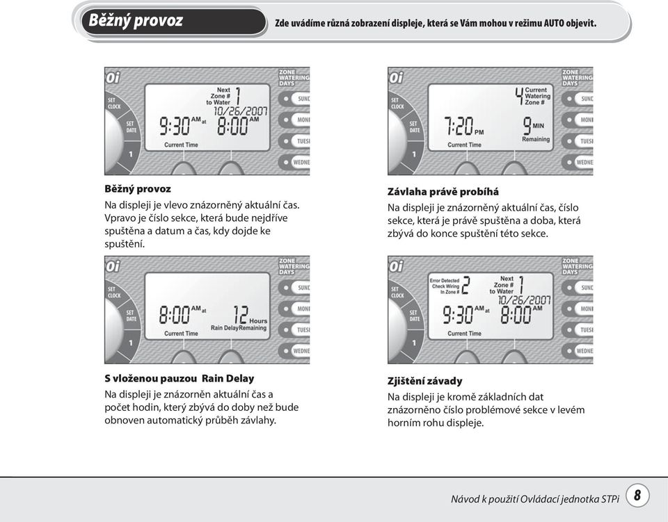 Závlaha právě probíhá Na displeji je znázorněný aktuální čas, číslo sekce, která je právě spuštěna a doba, která zbývá do konce spuštění této sekce.