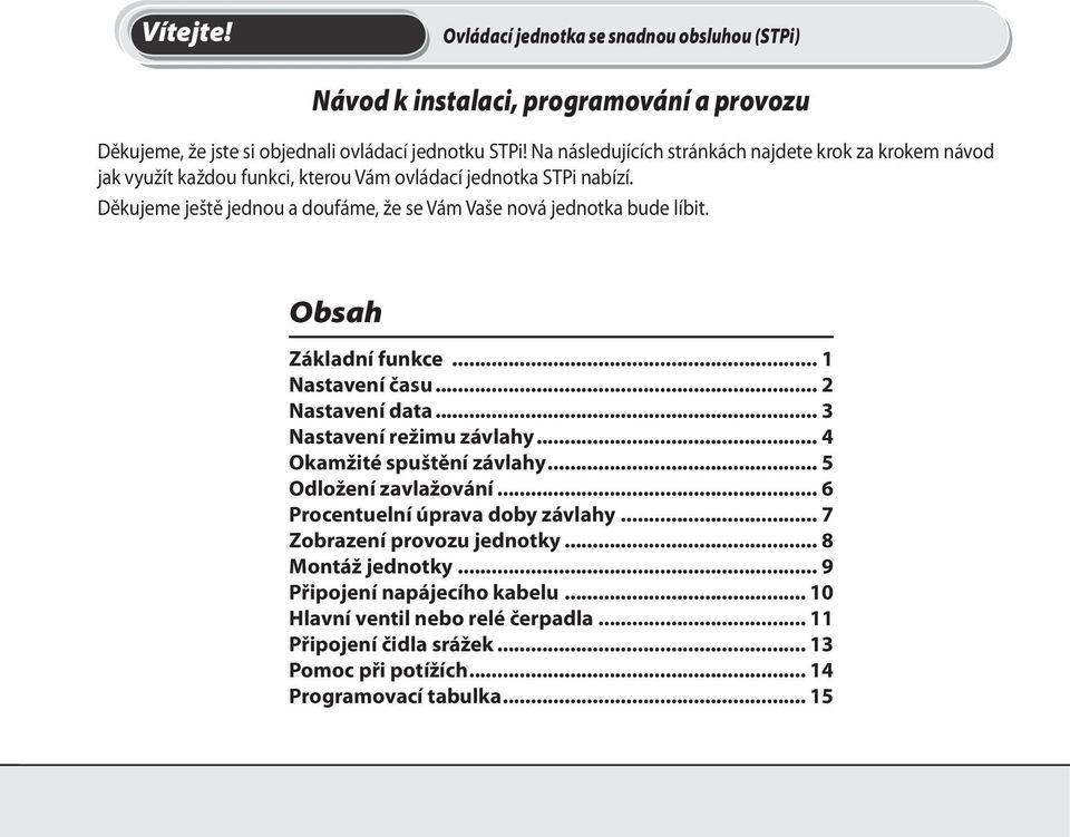 .. 1 Nastavení času... 2 Nastavení data... 3 Nastavení režimu závlahy... 4 Okamžité spuštění závlahy... 5 Odložení zavlažování... 6 Procentuelní úprava doby závlahy.