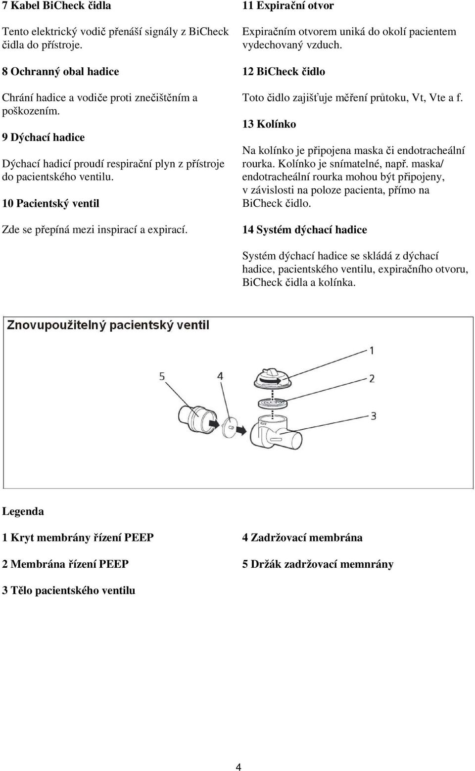 11 Expirační otvor Expiračním otvorem uniká do okolí pacientem vydechovaný vzduch. 12 BiCheck čidlo Toto čidlo zajišťuje měření průtoku, Vt, Vte a f.