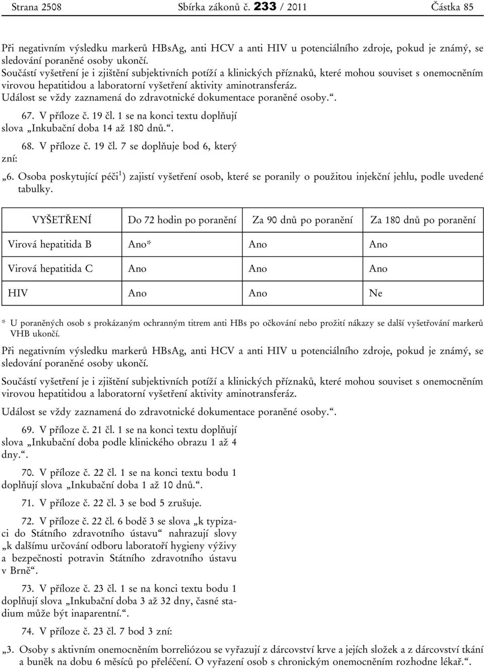 Událost se vždy zaznamená do zdravotnické dokumentace poraněné osoby.. 67. V příloze č. 19 čl. 1 se na konci textu doplňují slova Inkubační doba 14 až 180 dnů.. 68. V příloze č. 19 čl. 7 se doplňuje bod 6, který zní: 6.