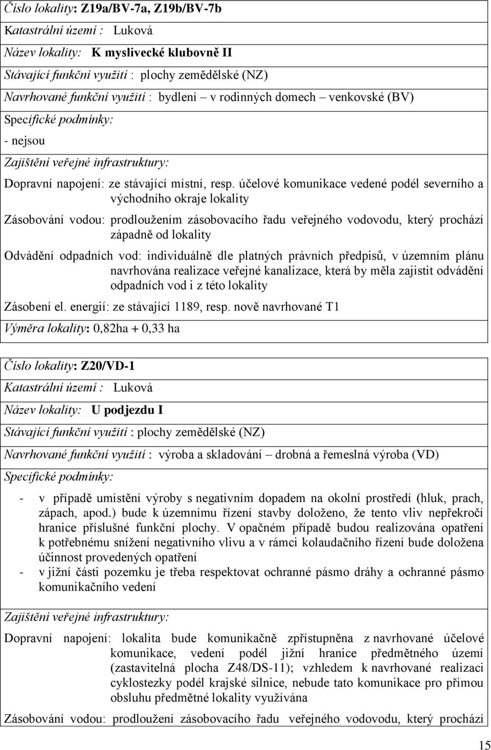 účelové komunikace vedené podél severního a východního okraje lokality Zásobování vodou: prodloužením zásobovacího řadu veřejného vodovodu, který prochází západně od lokality Odvádění odpadních vod: