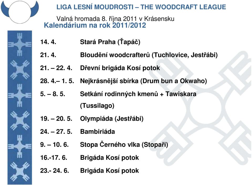 20. 5. Olympiáda (Jestřábi) 24. 27. 5. Bambiriáda 9. 10. 6. Stopa Černého vlka (Stopaři) 16.-17. 6. Brigáda Kosí potok 23.