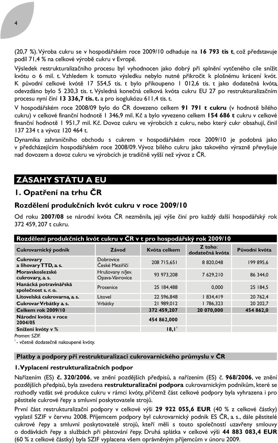 K původní celkové kvótě 17 554,5 tis. t bylo přikoupeno 1 012,6 tis. t jako dodatečná kvóta, odevzdáno bylo 5 230,3 tis. t. Výsledná konečná celková kvóta cukru EU 27 po restrukturalizačním procesu nyní činí 13 336,7 tis.