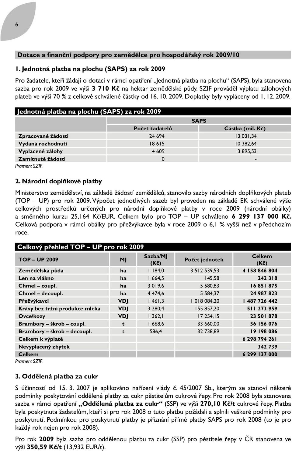 zemědělské půdy. SZIF prováděl výplatu zálohových plateb ve výši 70 % z celkové schválené částky od 16. 10. 2009. Doplatky byly vypláceny od 1. 12. 2009. Jednotná platba na plochu (SAPS) za rok 2009 SAPS Počet žadatelů Částka (mil.